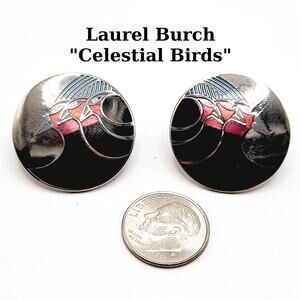 Laurel Burch "Celestial Birds" Post Earrings, Vintage 1980s Rhodium Enamel